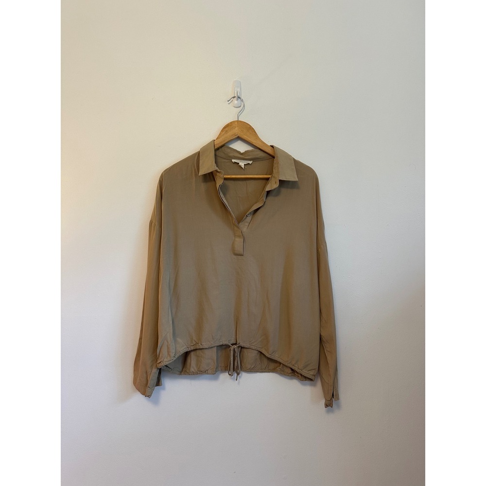 Grade & Gather Long Sleeve Drawstring Hem Blouse in Tan | Size Large